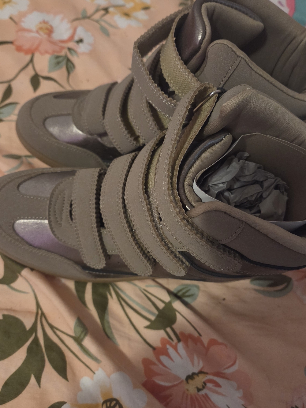 BRAND NEW ...Fashion Nova Taupe Wedge Velcro Sneakers with Iridescent Panels